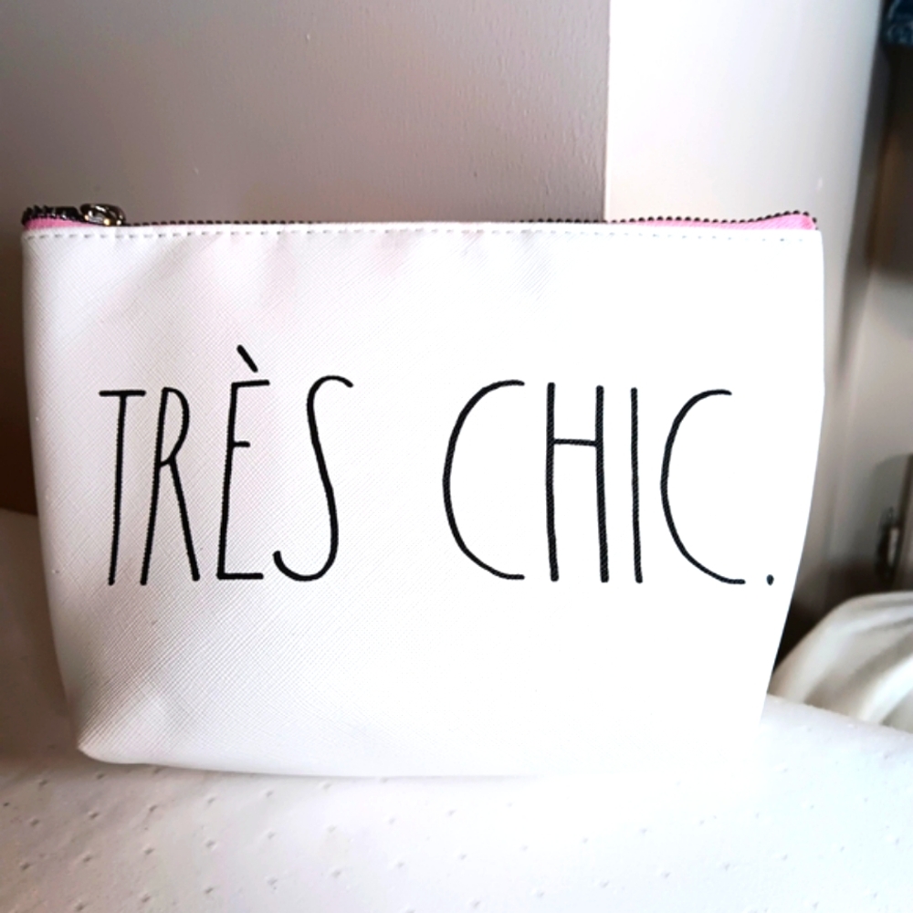 Rae Dunn 'Tres Chic' Make Up Bag White Black Travel Cosmetic Bag